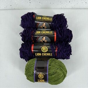 Lot of 4 Lion Yarn 3 Purple Chenille 1 Olive Suede Yarn New
